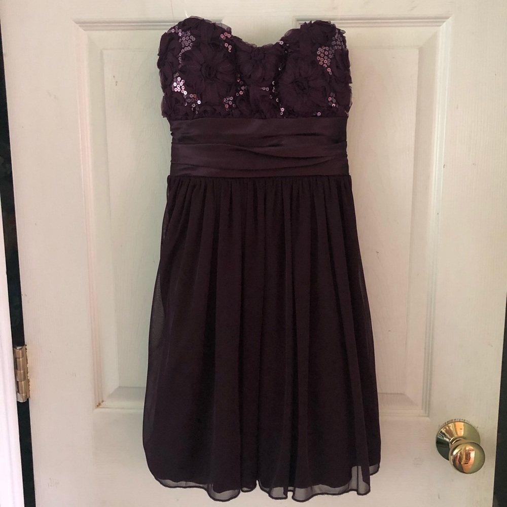 Purple strapless cocktail dress
